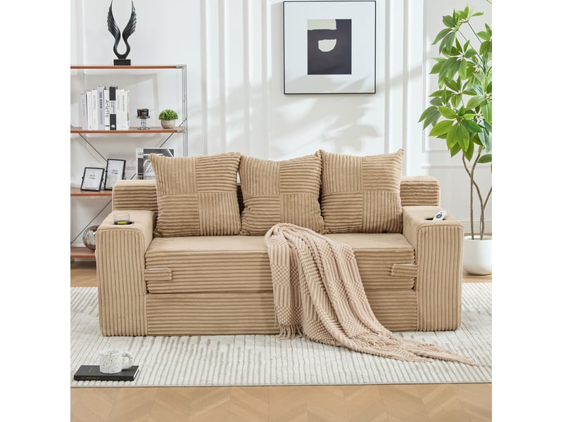 Canapé modulaire 2 places avec porte-gobelets et poches latérales, sans cadre en velours côtelé kaki - Conforama C