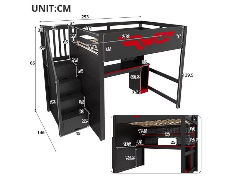  Lit mezzanine gaming 140x200 cm bureau usb led, 7 couleurs, escalier rangement, mdf et contreplaqué, noir rouge sans matelas  - Conforama C