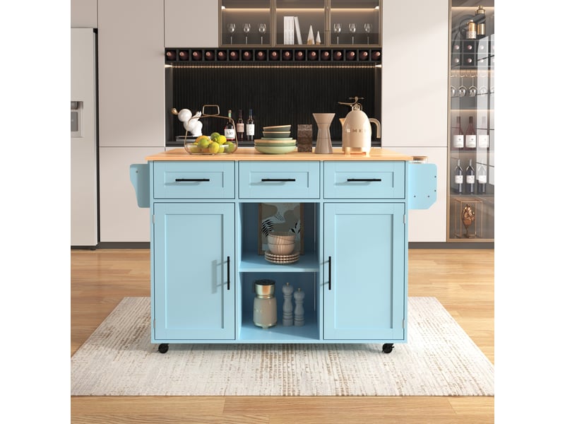  Buffet roulant bleu 139 cm – plateau bois rabattable – roulettes et pieds bois amovibles  - Conforama E