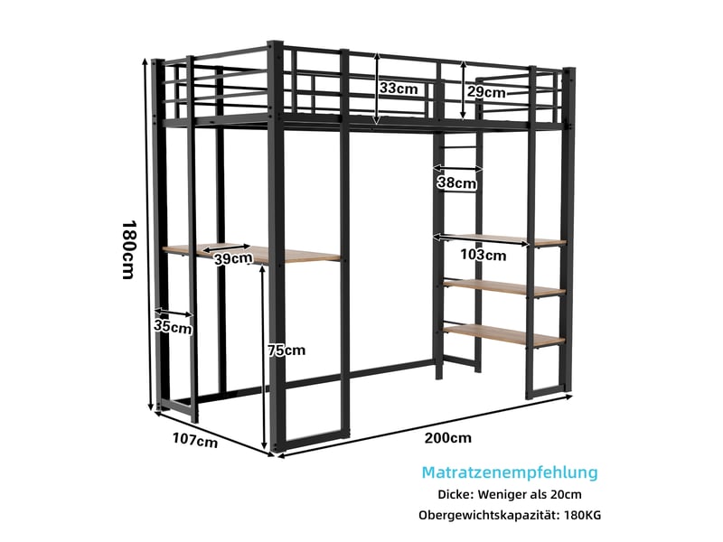  Lit simple 90x200 cm avec bureau en l, lit mezzanine avec barrières de sécurité, lit 1 personne, noir  - Conforama B