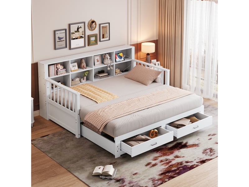 Canapé-lit extensible 90/180x190 cm avec rangements, prise et 2 tiroirs, pin blanc, sans matelas - Conforama B