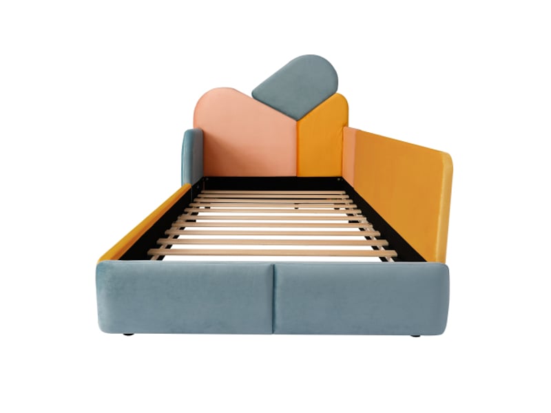 Lit enfant 90x200 cm rembourré multicolore avec barrière latérale élevée et tête de lit rembourrée, protection anti-chute - Conforama A