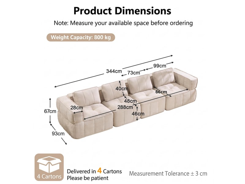 Canapé 4 places, revêtement en tissu, sans assemblage, beige - Conforama D
