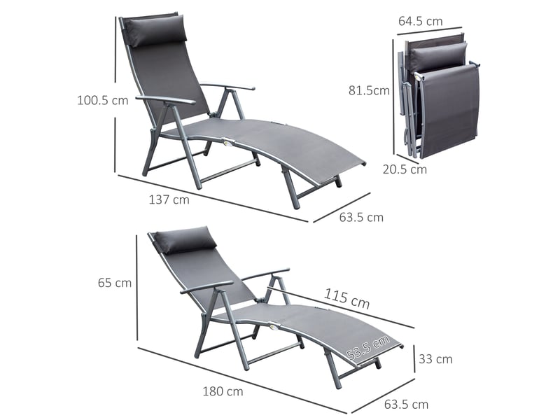 Bain de soleil dossier réglable 7 positions pliable coussin charge maximale 165 kg gris - Conforama C