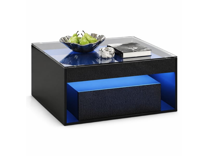  Table basse avec 2 tiroirs, niche ouverte et led pour salon 70×70×35 cm en mdf et verre noir  - Conforama A
