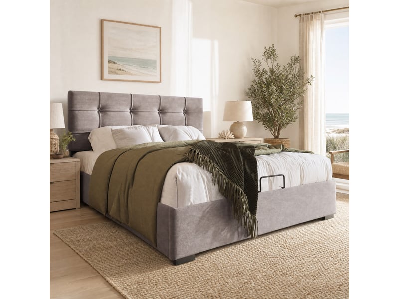 Lit coffre 1 place 90x200 cm à tête réglable en velours gris clair - Conforama B