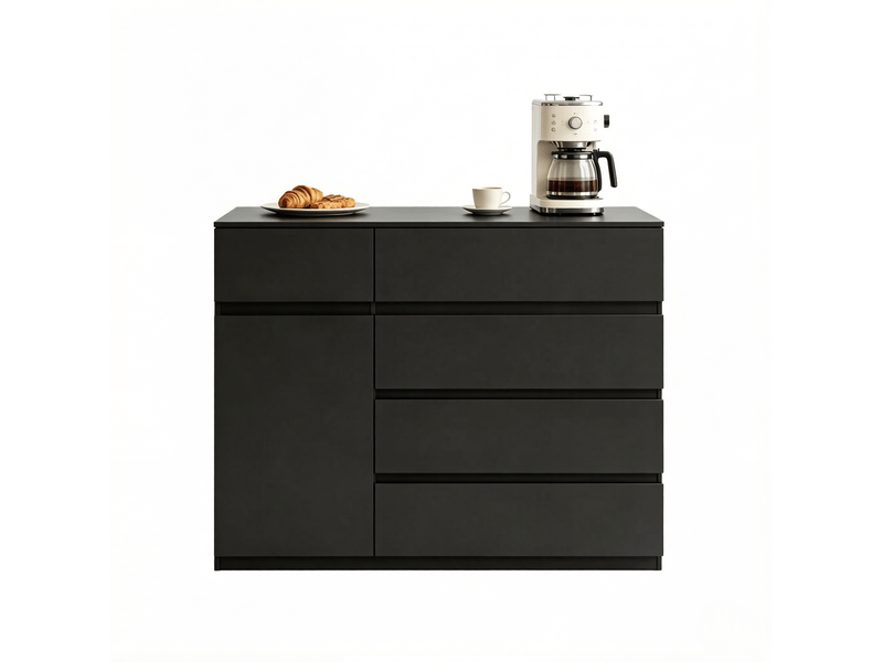 Buffet et enfilade avec 5 tiroirs 1 porte et étagère réglable pour cuisine et salon style moderne en panneaux de particules noir - Conforama A