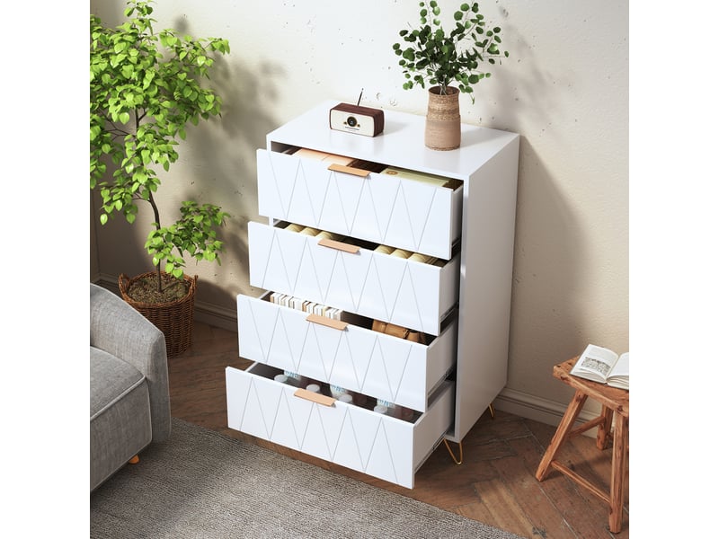  Commode 4 tiroirs blanche commode chambre adulte avec poignées en métal pour salon chambre entrée, 60 x 34 x 91 cm, blanche  - Conforama R