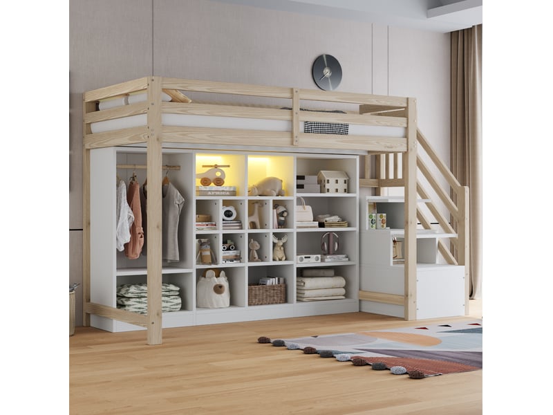 Lit mezzanine en bois 90 x 200 cm avec rangements, armoire, échelle et led, blanc bois - Conforama E