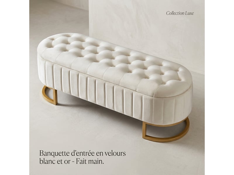  Banc de rangement beige 120 cm en velours avec coffre, bout de lit et pieds en métal  - Conforama E