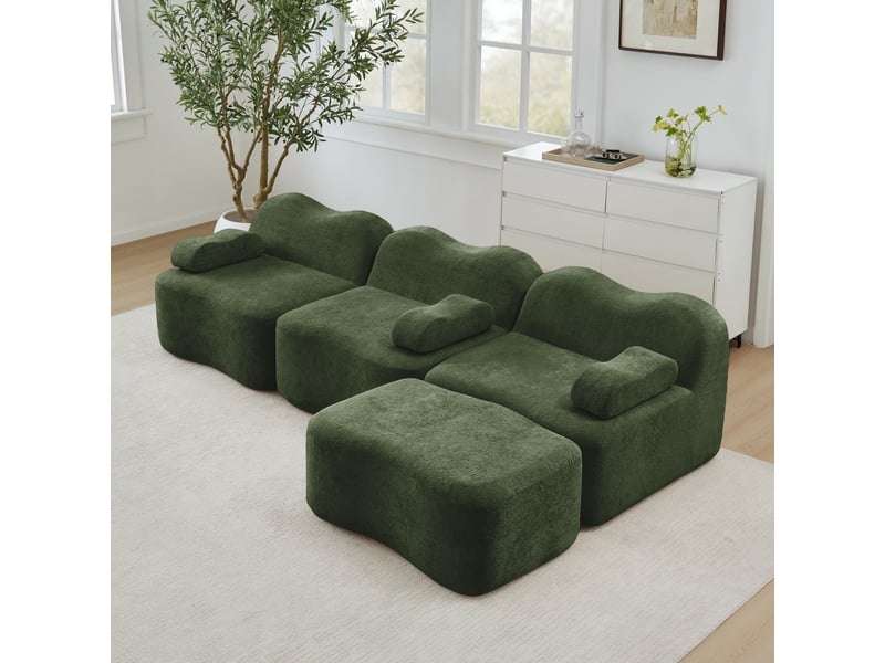  Canapé d'angle modulaire 3 places avec pouf et assise profonde en velours vert  - Conforama C
