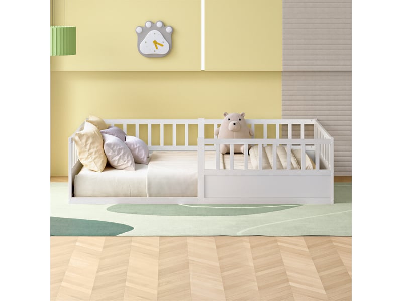  Lit  enfant 140x200 cm-lit  au sol 140x200 cm - avec barrières de sécurité et sommier à lattes- bois de pin- blanc  - Conforama D