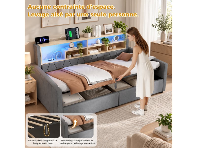  Lit banquette coffre 90 x 200 cm gris, rangement hydraulique, led, prises usb-a et usb-c, sans matelas  - Conforama B