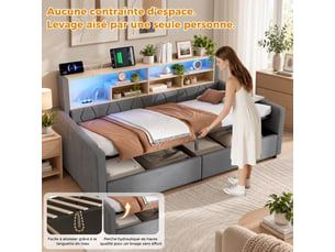Lit banquette coffre 90 x 200 cm gris, rangement hydraulique, led, prises usb-a et usb-c, sans matelas