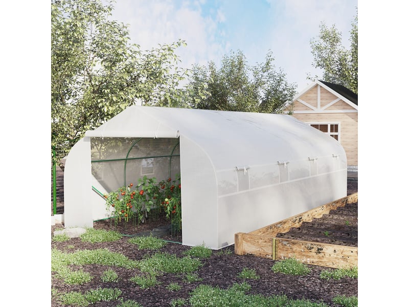  Serre tunnel de jardin 18 m² dim. 5,95l x 3l x 2h m porte + 8 fenêtres enroulables acier galvanisé bâche pe haute densité blanc  - Conforama C