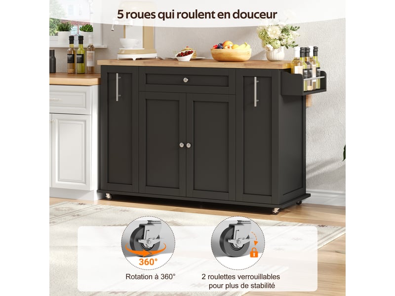 Îlot de cuisine roulant extensible 120 x 4570 x 89 cm avec plateau rabattable, rangement + 3 tiroirs, mdf, noir et bois - Conforama D