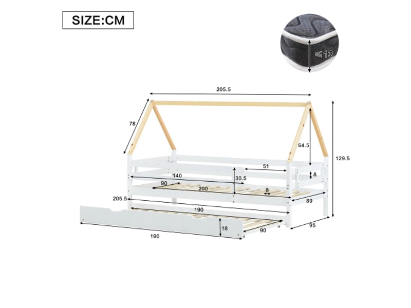  Lit cabane 90x200 cm, lit enfant avec lit gigone et roulettes en bas, en bois massif, blanc, sans matelas  - Conforama D