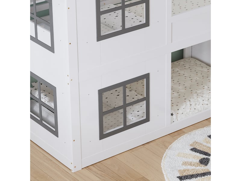 Lit cabane enfant 90x200 cm en pin blanc-gris avec fenêtres, rangements, escalier et sommier - Conforama E