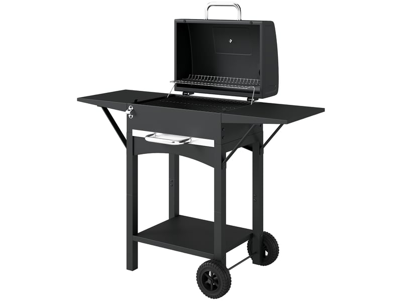  Barbecue au charbon de bois avec 2 étagères latérales, thermomètre, couvercle et roulettes, 110 x 46,5 x 101 cm, noir  - Conforama B