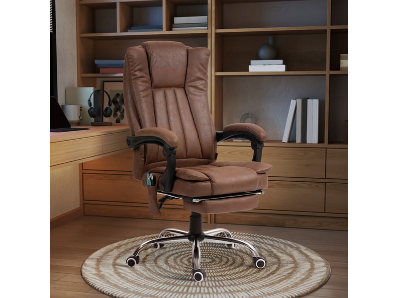  Chaise de bureau massante avec chauffage, repose-pieds rétractable et inclinaison à 135° marron  - Conforama D