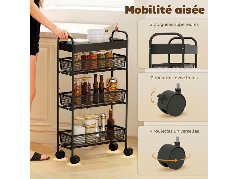  Chariot de rangement à 4 niveaux, desserte à roulettes, panier supérieur 19 x 43,2 x 80 cm noir, 3 paniers coulissants  - Conforama W