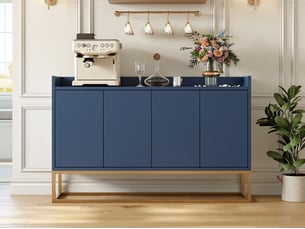 Meuble de rangement moderne minimaliste, meuble cuisine 120x30x80 cm, buffet cuisine bas noir laqué sans poignées - 4 portes - pour cuisine, salle à manger, salon, bleu