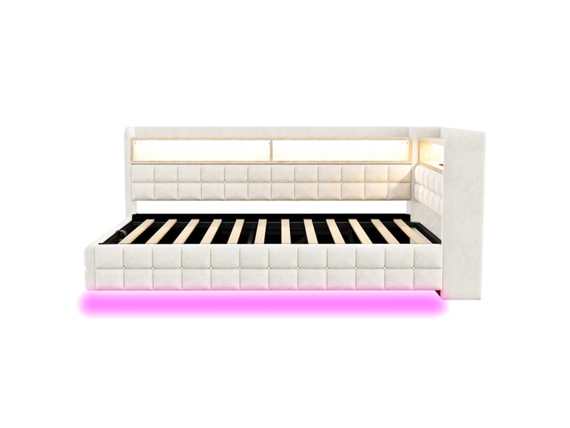  Lit canapé velours beige 90x200 cm avec rangement hydraulique, led, usb et étagère  - Conforama A