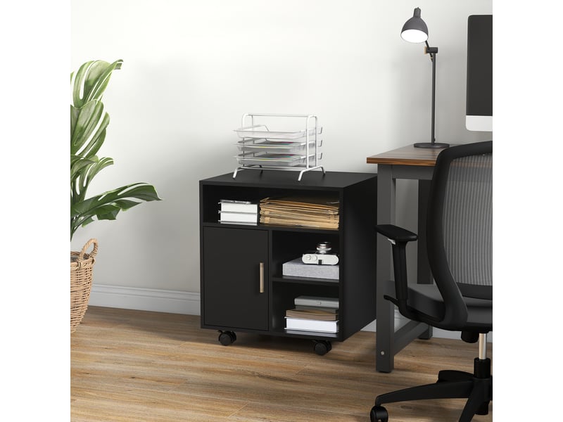  Support pour imprimante mobile sur roulettes avec armoire et 3 étagères ouvertes, en bois, 60 x 50 x 65,5 cm, noir  - Conforama C