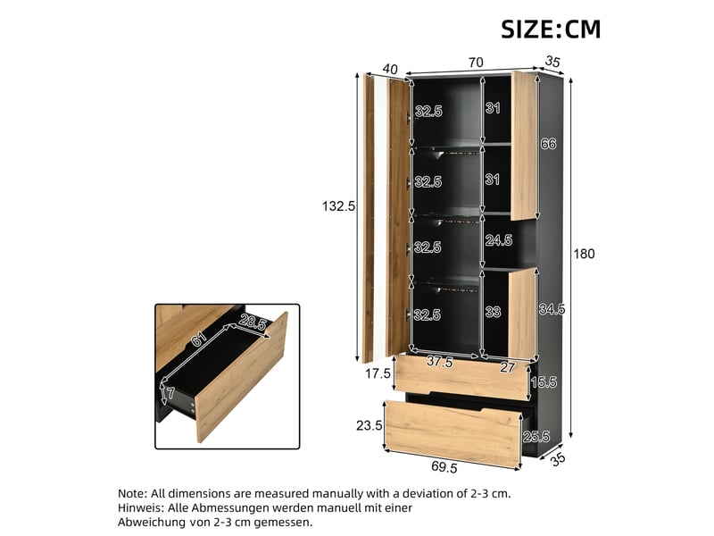  Vitrine 70x35x180 cm avec éclairage led, 3 portes et 2 tiroirs, structure en mdf bois naturel et noir, rangement multifonction  - Conforama C