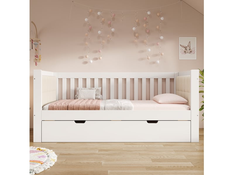  Modenvie lit gigogne 90x190 cm - en bois massif, avec dossier rembourré, sans matelas - blanc  - Conforama E