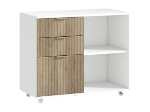 Support d'imprimante sur roulettes, 3 tiroirs, 2 étagères ouvertes, design ondulé, 80x40x68cm, blanc chêne