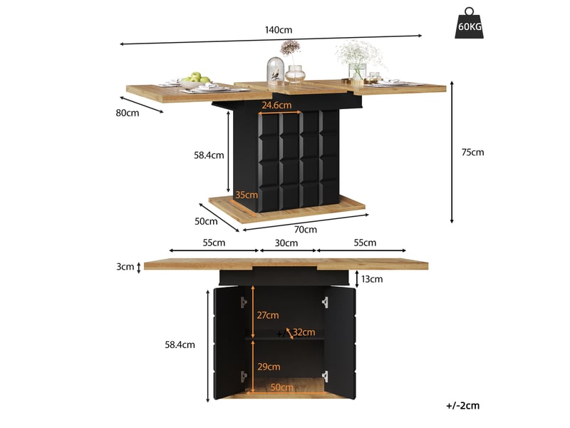 Table à manger extensible 110-140 x 80 cm avec rangement, noir et naturel - Conforama C