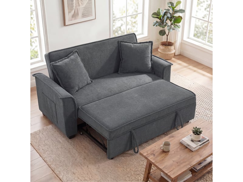 Canapé convertible 2 places, canapé-lit clic-clac en chenille, dossier réglable, 2 coussins, gris, poche latérale  - Conforama A