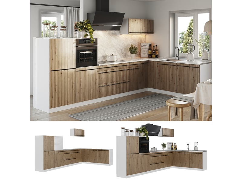 Vicco cuisine en angle, chêne artisanblanc, 347 x cm plan de travail anthracite - Conforama D