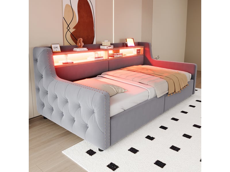  Canapé-lit rembourré 90 x 200 cm, coloris gris clair, relevage hydraulique, éclairage led, prises et sommier.  - Conforama C