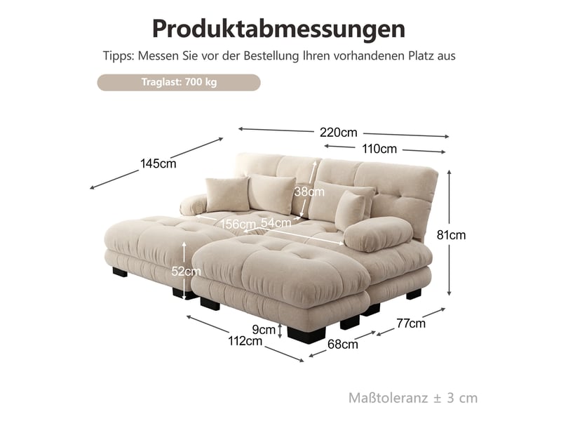  Canapé modulable 2 places 220x145x81 cm, 2 coussins d’ameublement et 2 poufs, avec 2 coussins lombaires, chenille beige  - Conforama C
