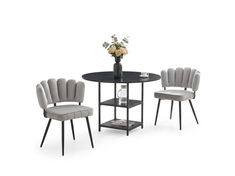  Ensemble table à manger avec 4 chaises, table ronde en verre trempé 85 cm, sièges transparents et piètement en métal noir  - Conforama A