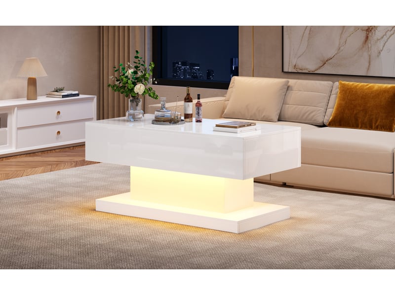Table basse relevable led 100×50×45 cm design blanc brillant, plateau semi-relevable et coulissant, rangement intégré - Conforama B