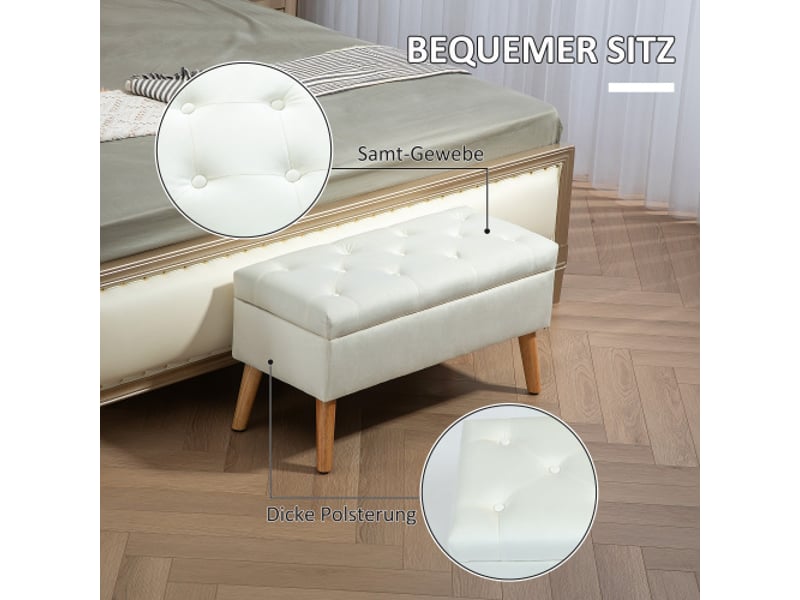  Banc coffre blanc rembourré effet velours, couvercle, bois d’hévéa, 102x35x43 cm, rangement  - Conforama B