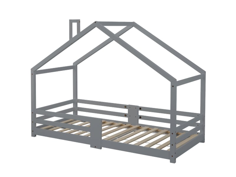  Lit cabane 90x200 cm lit enfant avec cheminée, barriéres de sécurité et sommier à lattes, en pin gris, sans matelas  - Conforama E