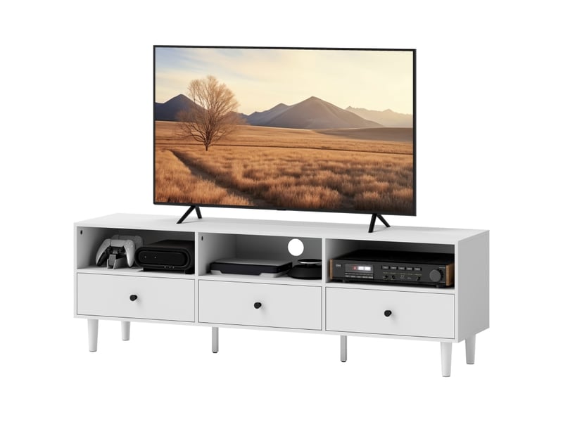  Meuble tv 3 tiroirs et 3 niches avec passe-câbles pour salon 140×34×45 cm blanc  - Conforama A