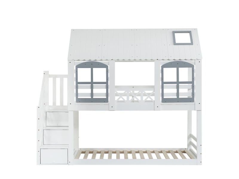  Lit superposé enfant 90x200 cm, lit cabane avec grille antichute et 3 casiers dans l'escalier, en bois, blanc, sans matelas  - Conforama E