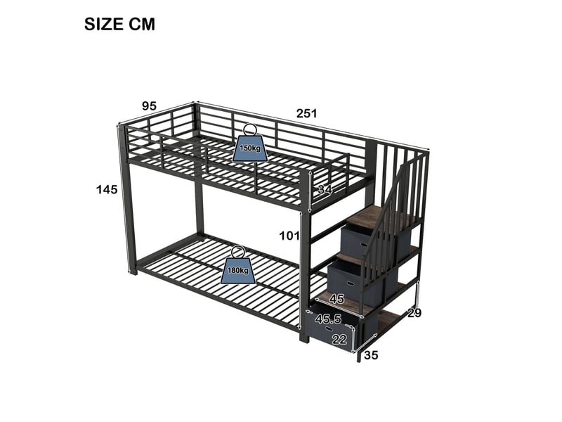  Lit superposé 90x200 cm avec escalier de rangement led et usb, métal noir, sans matelas  - Conforama C