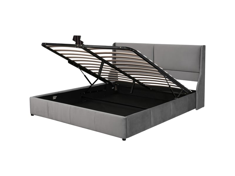  Lit rembourré, tête de lit en forme d'oreille avec coussin, lit double, lit fonctionnel hydraulique, 160 x 200, gris  - Conforama D