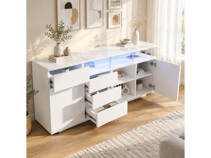Buffet et enfilade avec 4 tiroirs, 2 portes, étagères réglables et led pour salon en bois 160×40×75 cm blanc - Conforama C