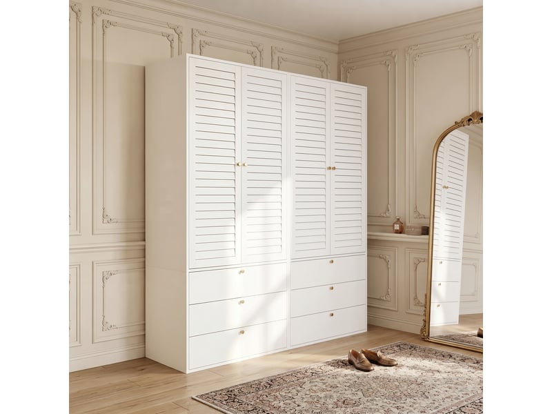  Armoire 180 x 50 x 200 cm avec 4 portes à lattes, 2 penderies et 6 tiroirs, grand meuble de rangement à portes battantes, design moderne pour chambre - blanc OPULERANE TRADING LTD - Conforama E