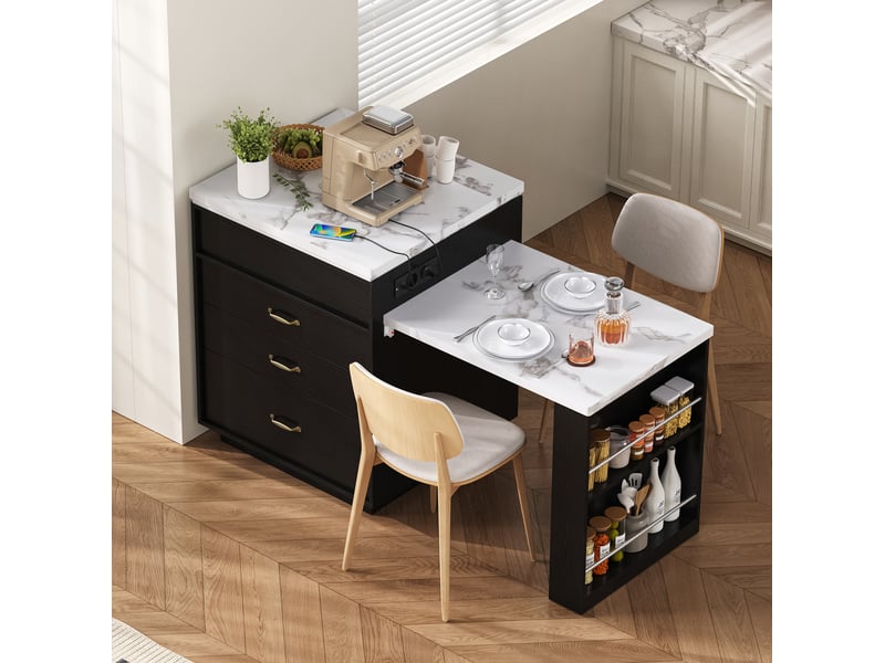  Îlot de cuisine extensible à roulettes 125,5-187,5 cm avec led et prises usb-c, noir  - Conforama D