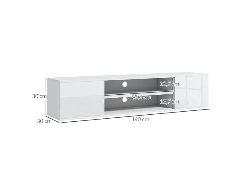  Meuble banc tv mural suspendu style contemporain 2 placards 2 niches centrales et 2 passe-câbles blanc 140 x 30 x 30 cm  - Conforama C