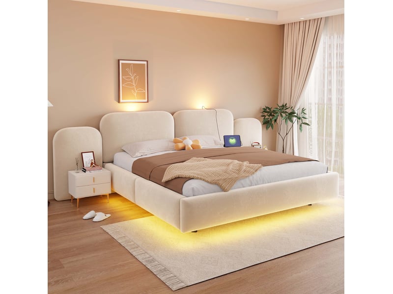  Lit coffre 180x200 cm en velours beige avec led rgb, usb et usb-c  - Conforama D