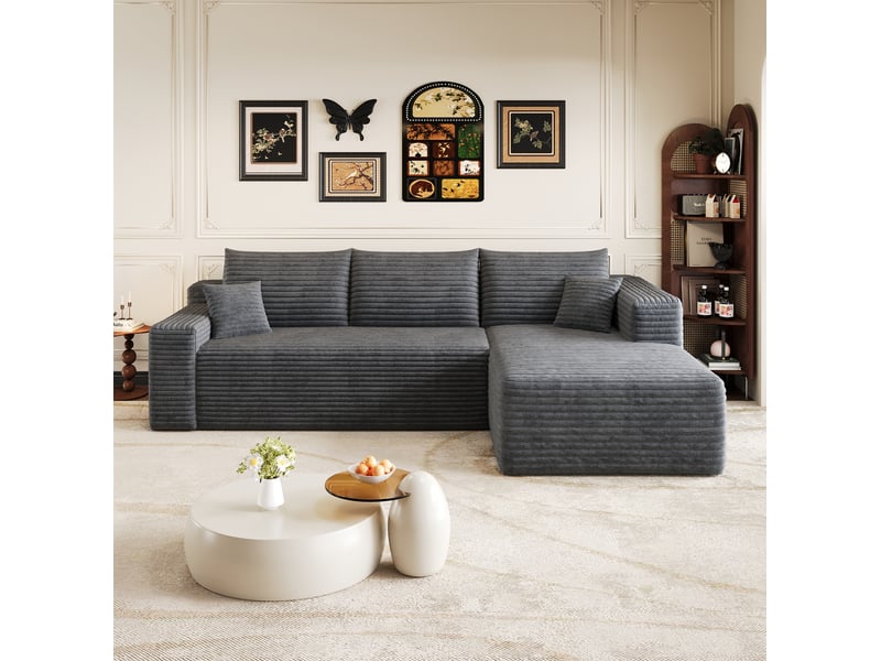  Canapé d'angle 3 places 241 cm en velours côtelé gris, assise profonde et installation sans outils  - Conforama E